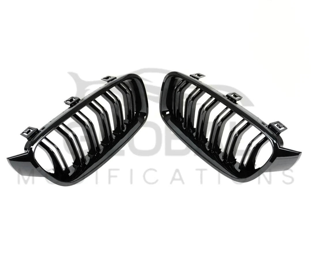 BMW 3 SERIES F30/F31 GLOSS BLACK FRONT GRILLS DOUBLE SLAT - M STYLE - BLACK