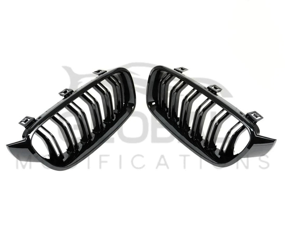 BMW 3 SERIES F30/F31 GLOSS BLACK FRONT GRILLS DOUBLE SLAT - M STYLE - BLACK