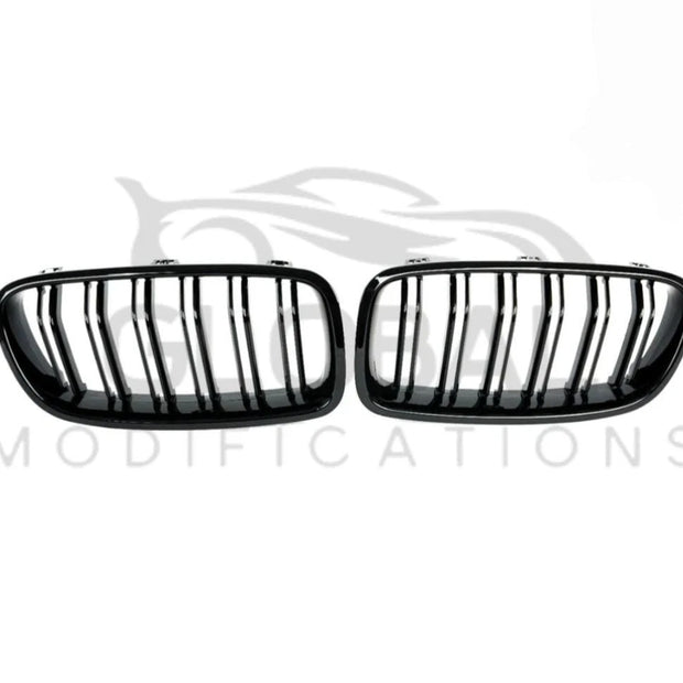 BMW 3 SERIES F30/F31 GLOSS BLACK FRONT GRILLS DOUBLE SLAT - M STYLE - BLACK